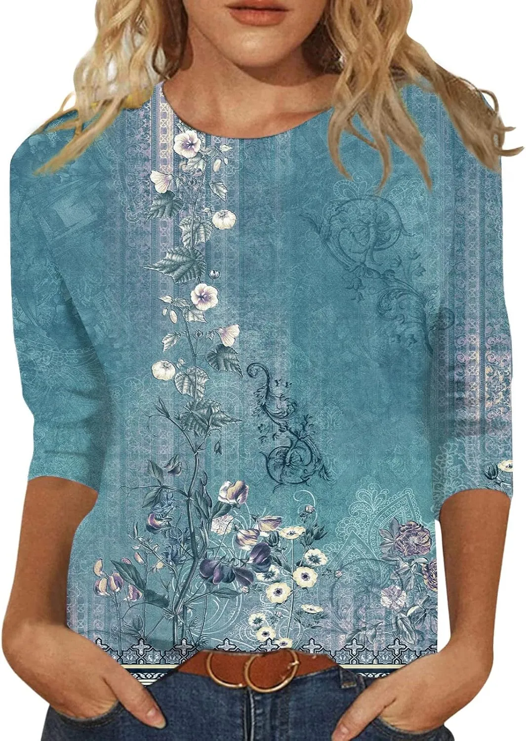 3/4 Length Sleeve Shirts for Women 2025 Casual Summer Blouses Crewneck Floral Printed Cute Loose Fit Tops