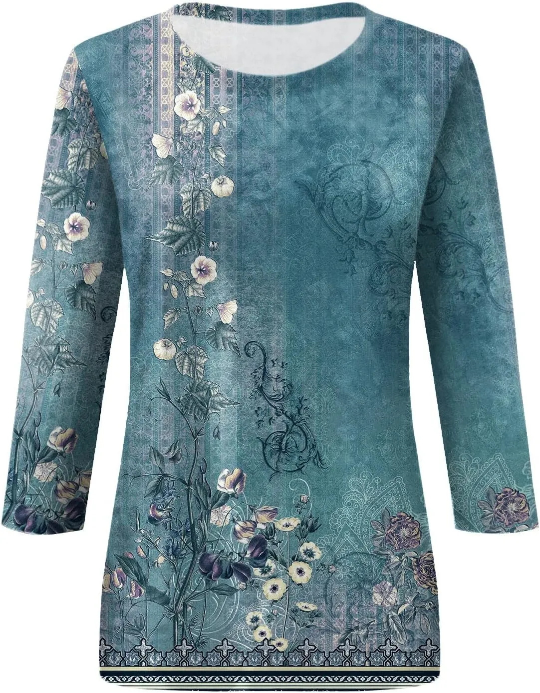 3/4 Length Sleeve Shirts for Women 2025 Casual Summer Blouses Crewneck Floral Printed Cute Loose Fit Tops