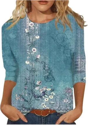 3/4 Length Sleeve Shirts for Women 2025 Casual Summer Blouses Crewneck Floral Printed Cute Loose Fit Tops