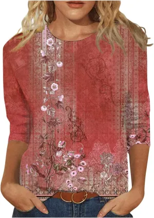 3/4 Length Sleeve Womens Tops 2024 Floral Print Vintage Fashion Casual Loose with Round Neck Plus Size Shirts
