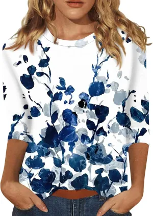 3/4 Length Sleeve Womens Tops 2024 Floral Print Vintage Fashion Casual Loose with Round Neck Plus Size Shirts