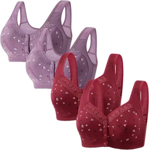 4 Pack Older Women Front Close Button Bras Full Support No Underwire Bra Plus Size Comfort Cotton Bra Underwear