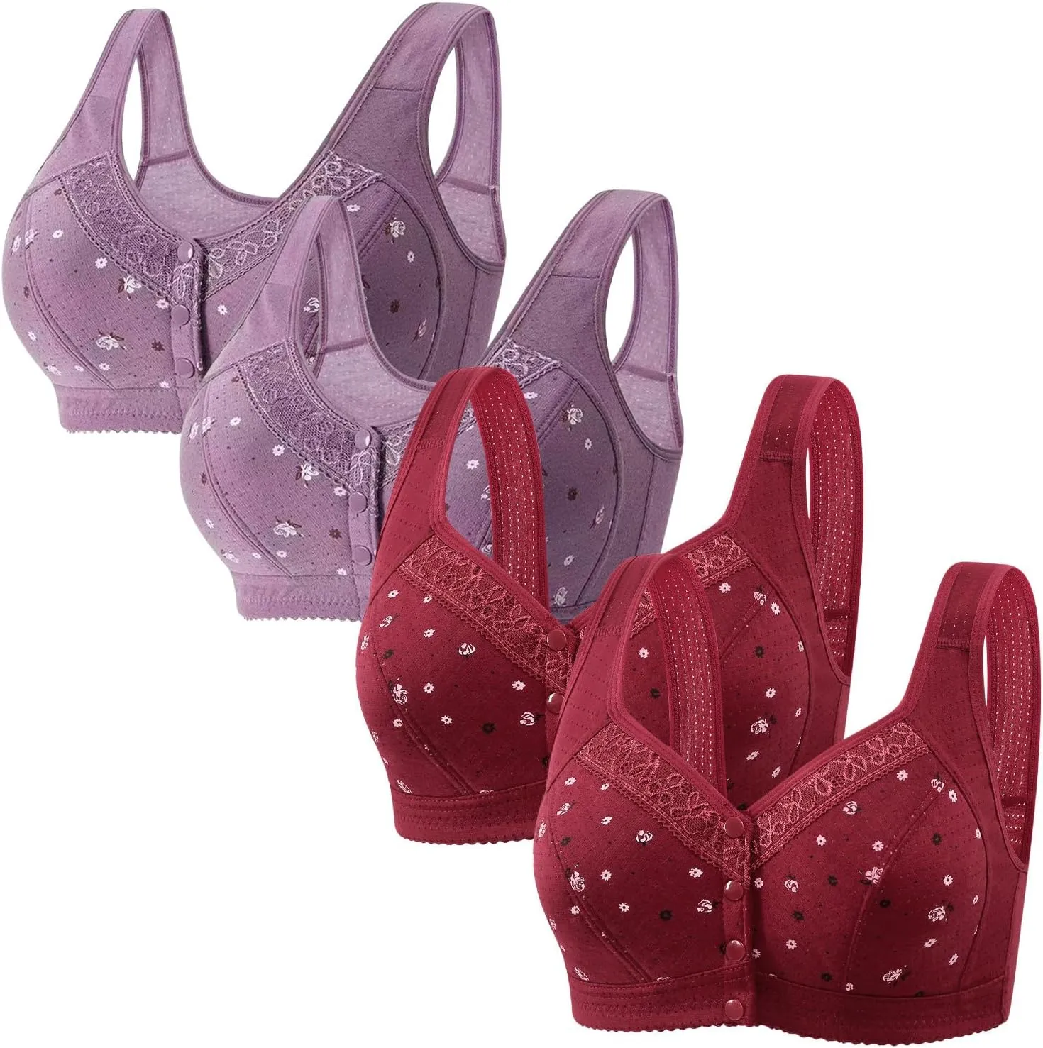 4 Pack Older Women Front Close Button Bras Full Support No Underwire Bra Plus Size Comfort Cotton Bra Underwear