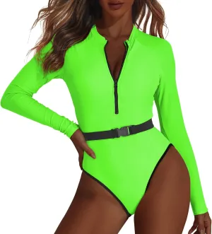 80s 90s Outfit for Women Neon High Cut One Piece Swimsuits Long Sleeve Bathing Suits Rash Guard Tummy Control Surfing Zipper