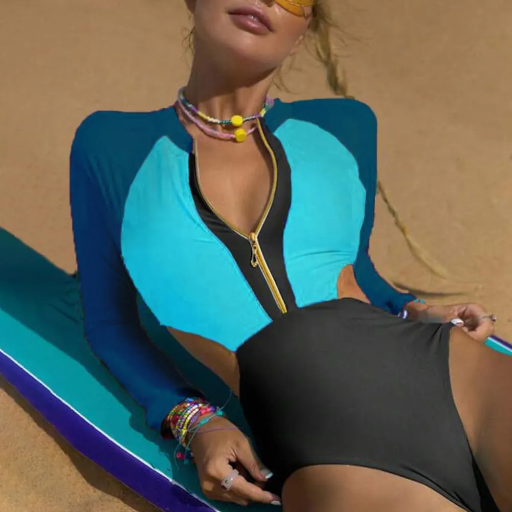 AFAVOM Womens Rash Guard One Piece Swimsuit Beach Surfing Sexy Bathing Suit Zip Front Color Block Tummy Control Swimwear