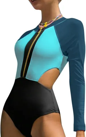 AFAVOM Womens Rash Guard One Piece Swimsuit Beach Surfing Sexy Bathing Suit Zip Front Color Block Tummy Control Swimwear