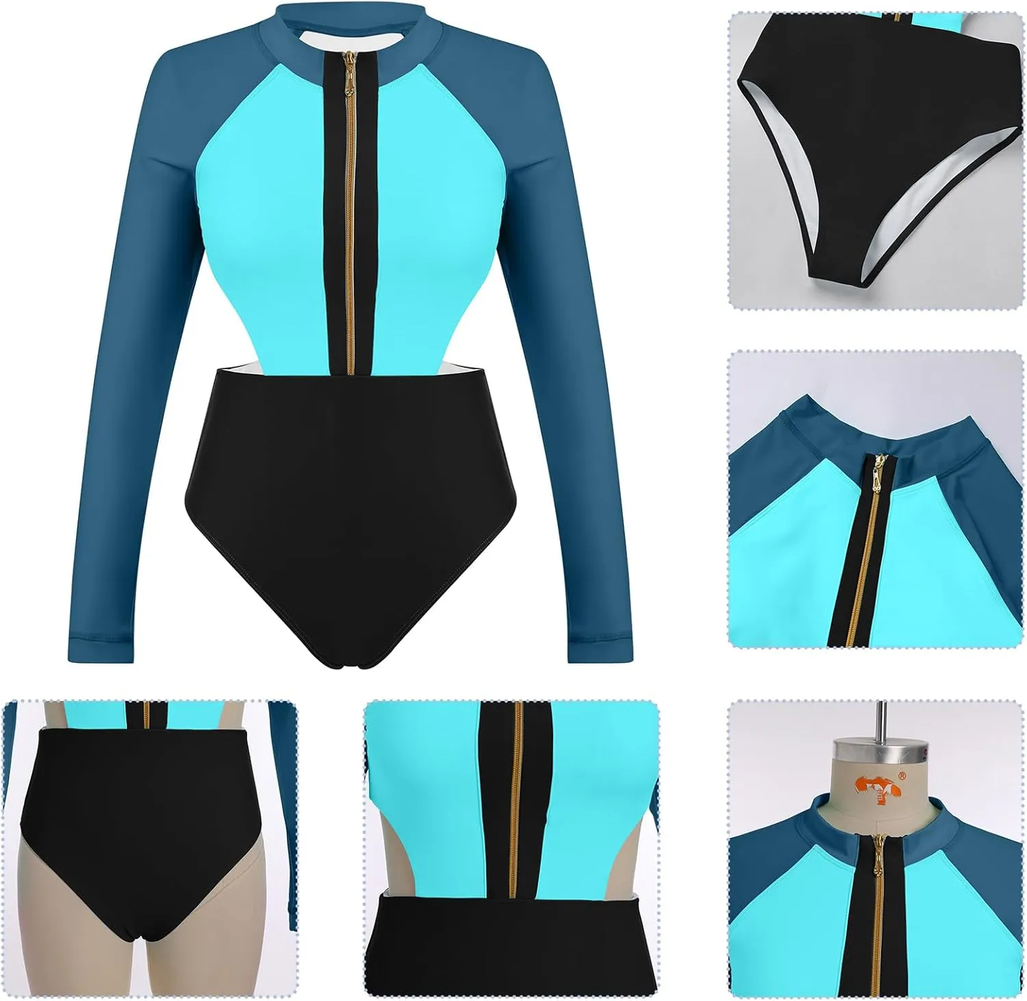 AFAVOM Womens Rash Guard One Piece Swimsuit Beach Surfing Sexy Bathing Suit Zip Front Color Block Tummy Control Swimwear