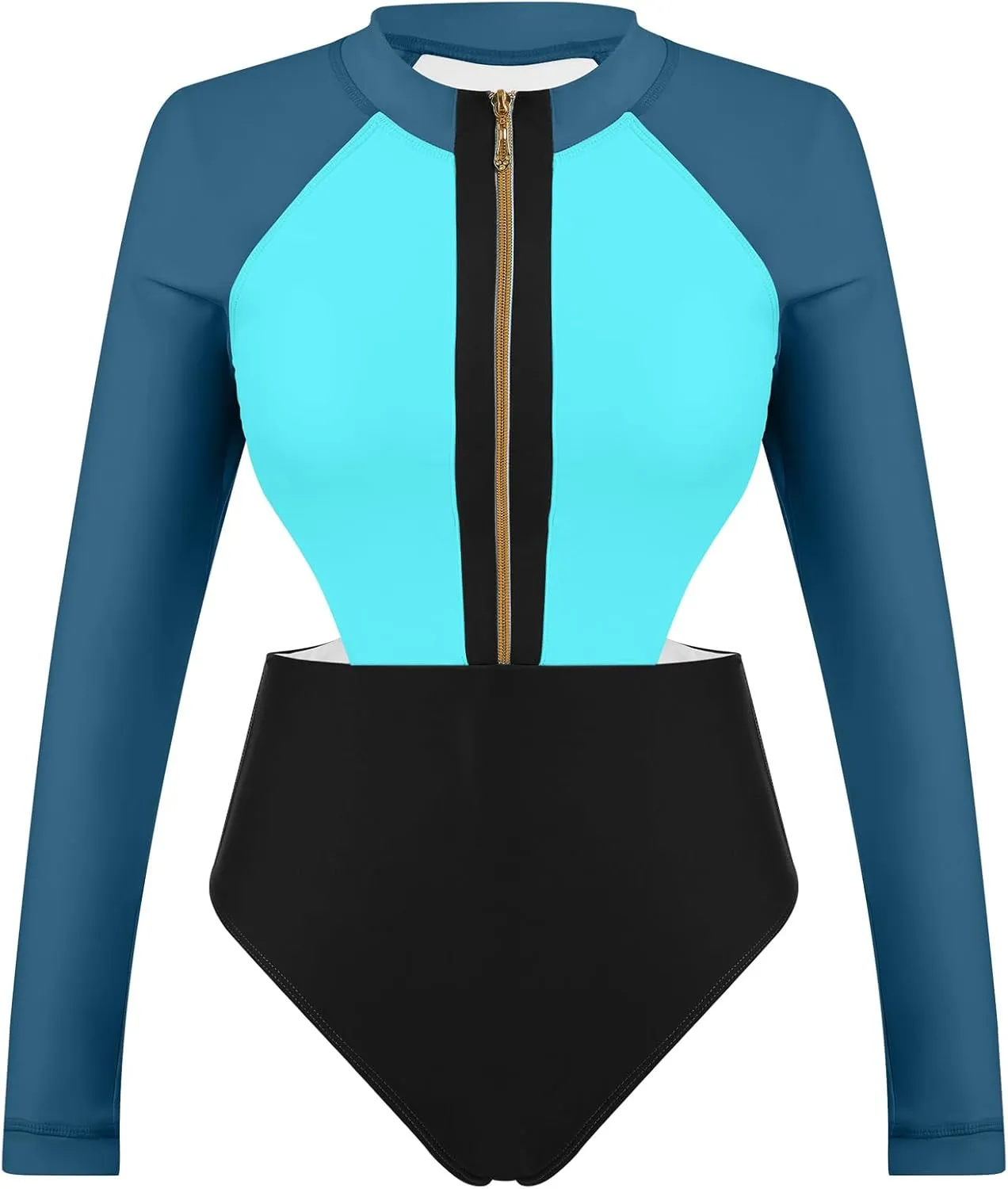 AFAVOM Womens Rash Guard One Piece Swimsuit Beach Surfing Sexy Bathing Suit Zip Front Color Block Tummy Control Swimwear