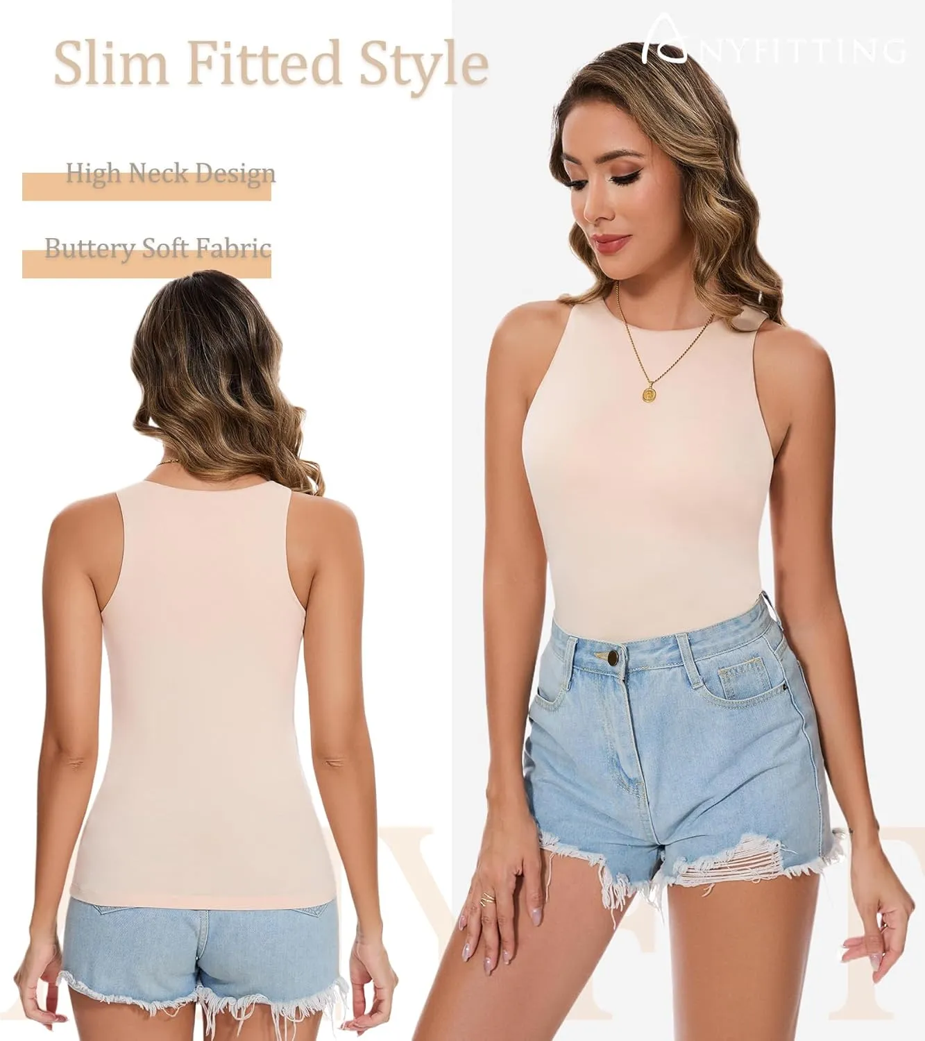 ANYFITTING Built in Bra Tank Tops for Women Sleeveless High Neck Fitted Shirts Summer Spring Basic Undershirts