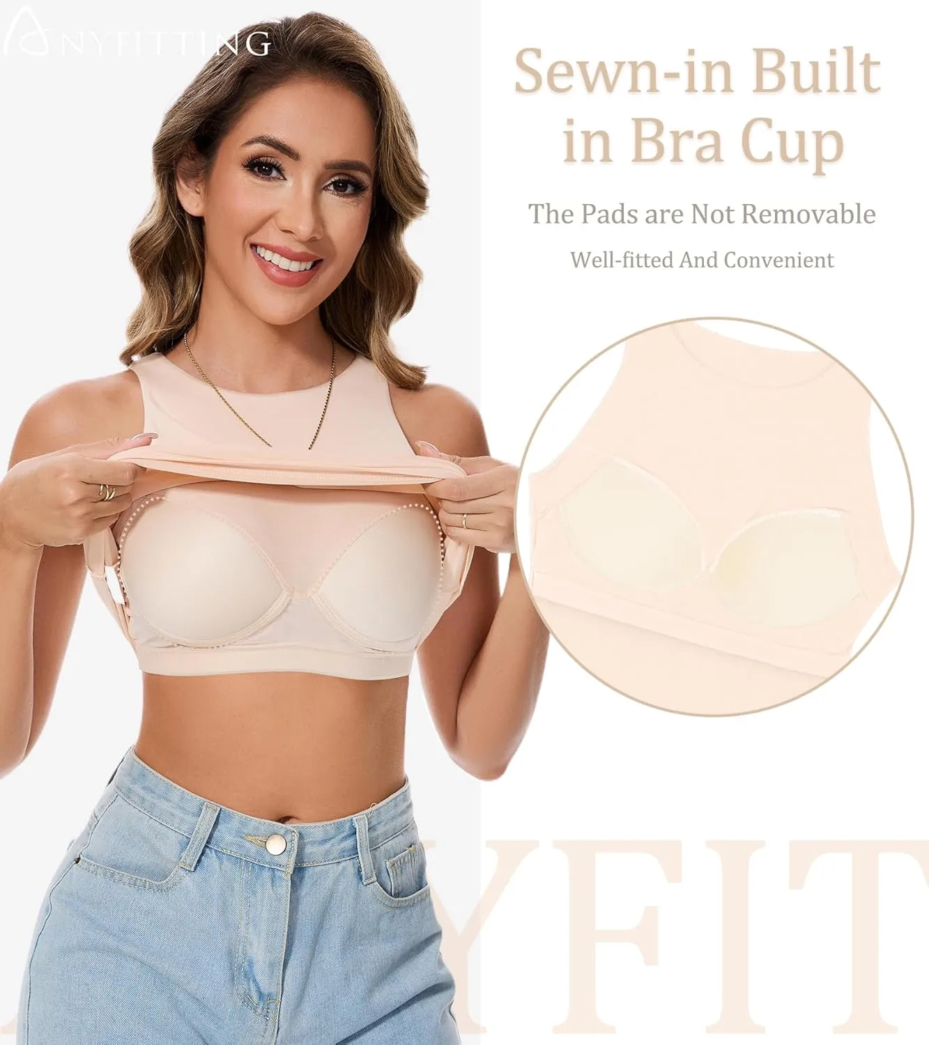 ANYFITTING Built in Bra Tank Tops for Women Sleeveless High Neck Fitted Shirts Summer Spring Basic Undershirts