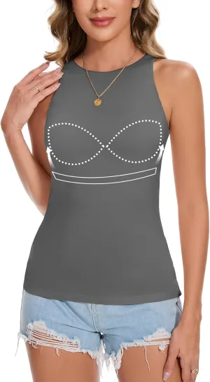 ANYFITTING Built in Bra Tank Tops for Women Sleeveless High Neck Fitted Shirts Summer Spring Basic Undershirts
