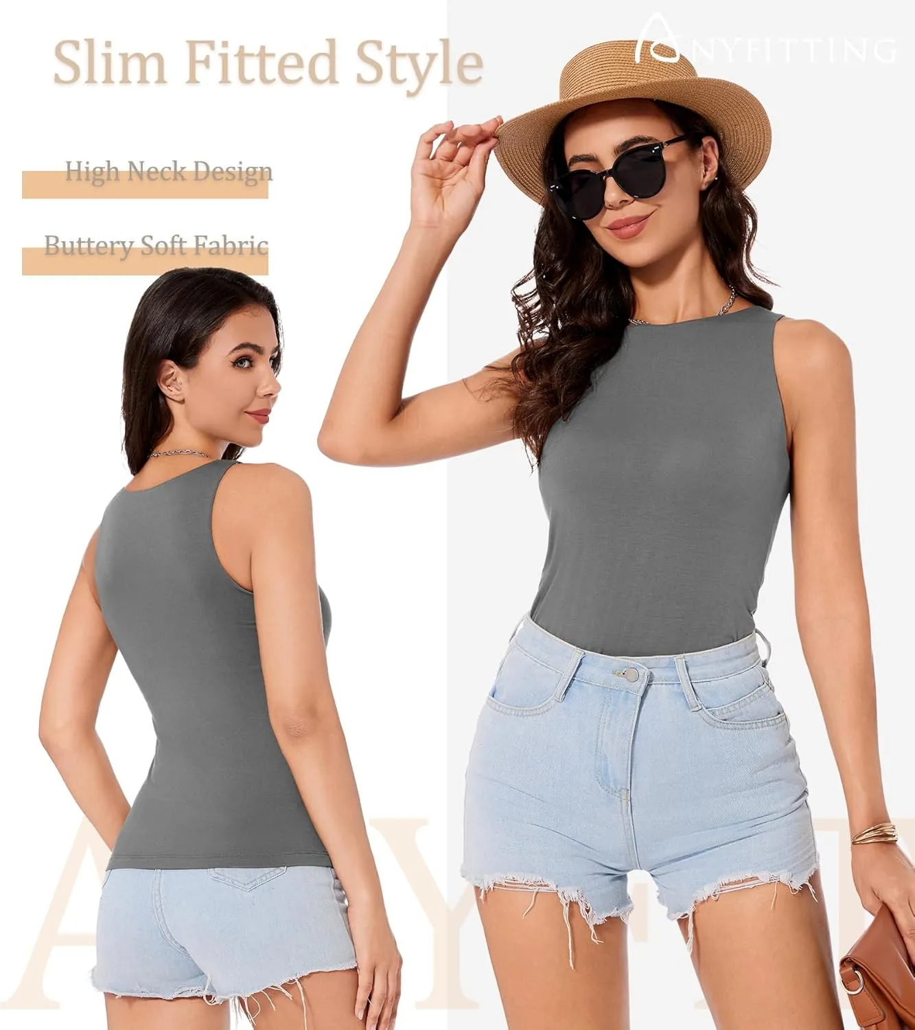 ANYFITTING Built in Bra Tank Tops for Women Sleeveless High Neck Fitted Shirts Summer Spring Basic Undershirts