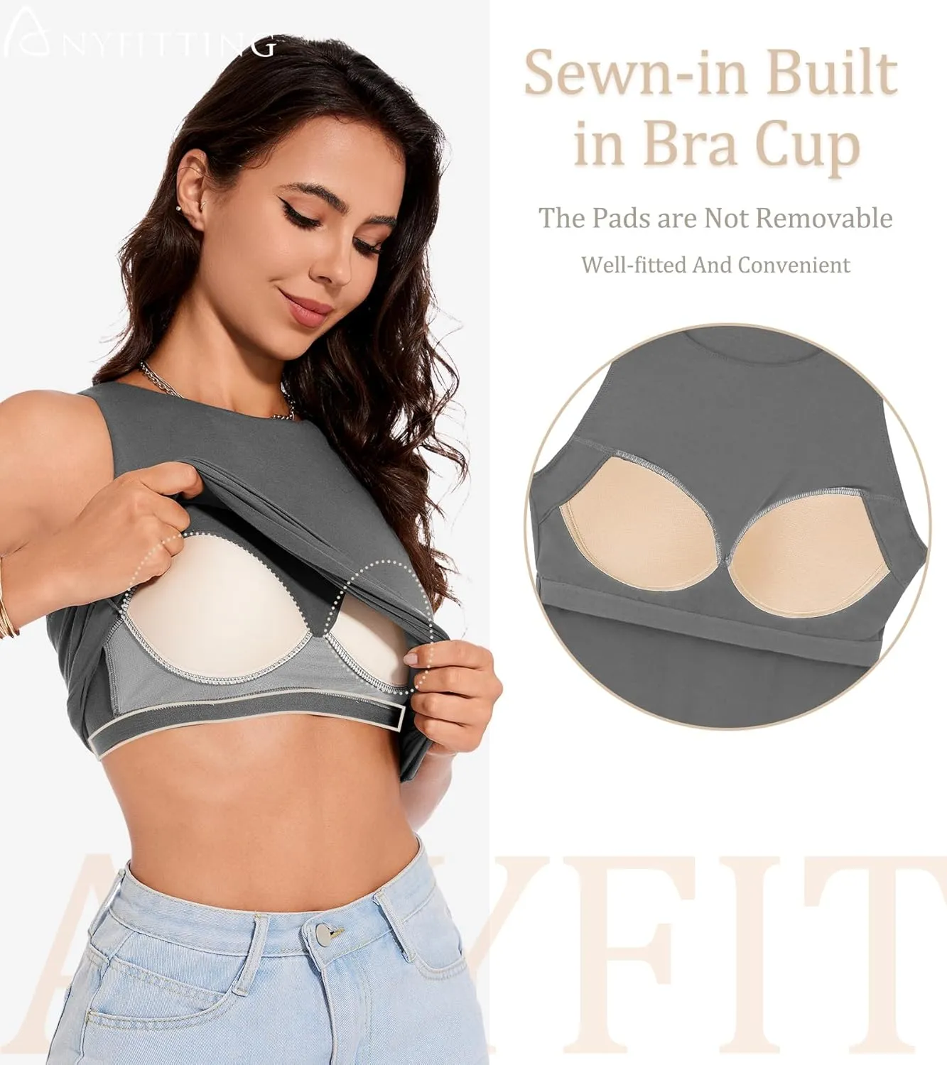 ANYFITTING Built in Bra Tank Tops for Women Sleeveless High Neck Fitted Shirts Summer Spring Basic Undershirts