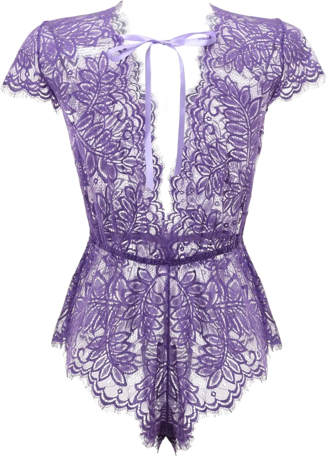 Anyou Womens Lingerie V-Neck Lace Bodysuit Mini Babydoll Featuring Plunging Eyelash Size XS-XXL