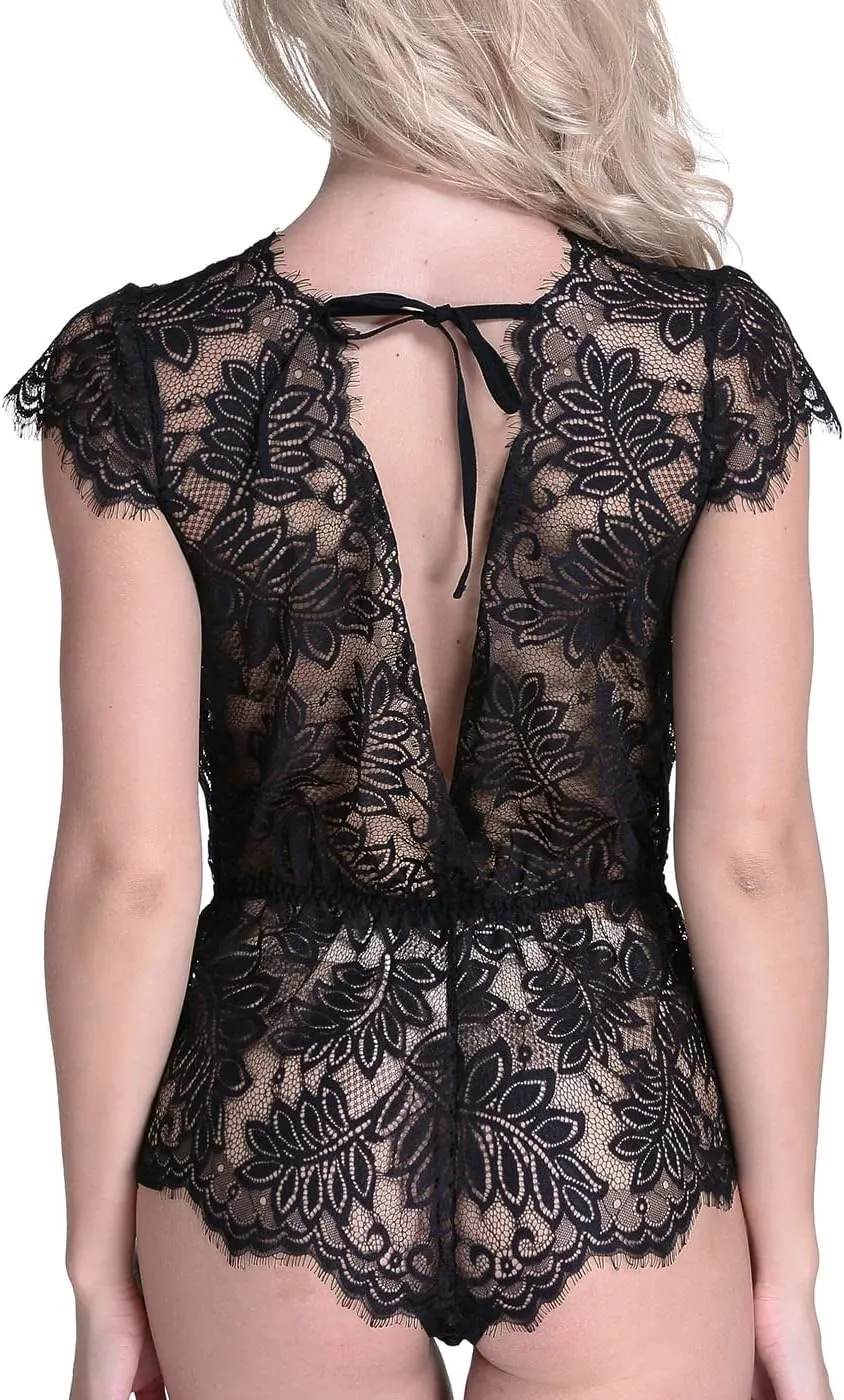 Anyou Womens Lingerie V-Neck Lace Bodysuit Mini Babydoll Featuring Plunging Eyelash Size XS-XXL