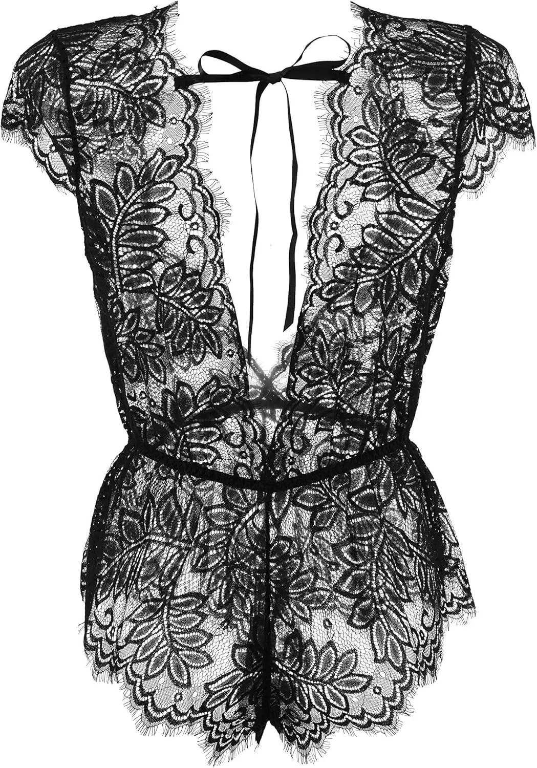 Anyou Womens Lingerie V-Neck Lace Bodysuit Mini Babydoll Featuring Plunging Eyelash Size XS-XXL