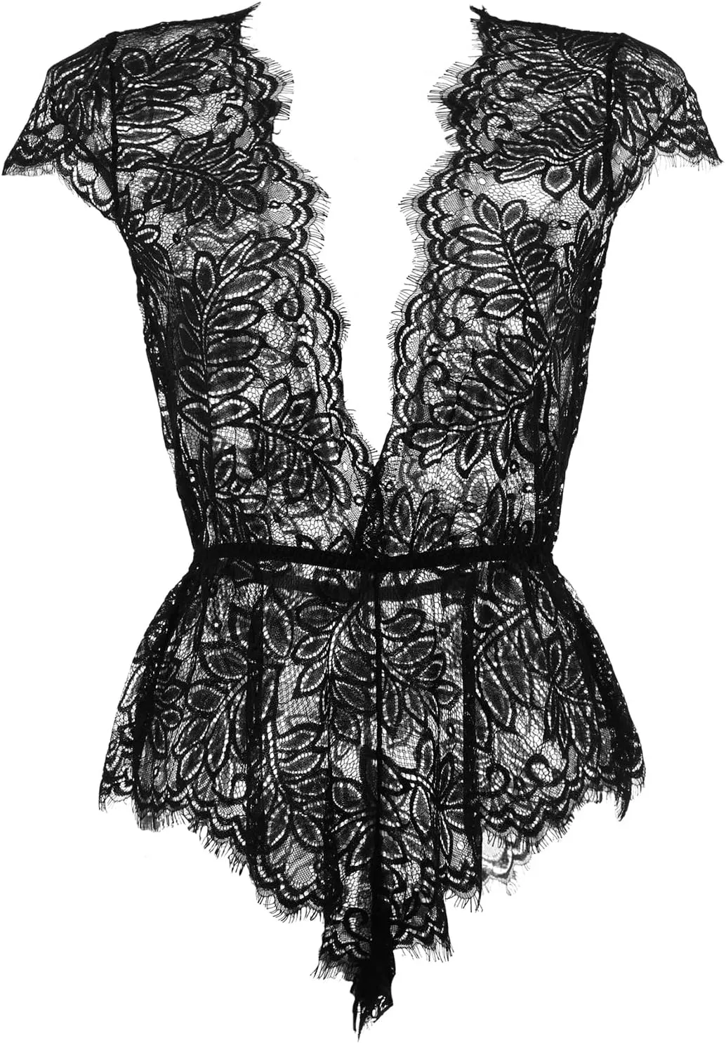 Anyou Womens Lingerie V-Neck Lace Bodysuit Mini Babydoll Featuring Plunging Eyelash Size XS-XXL