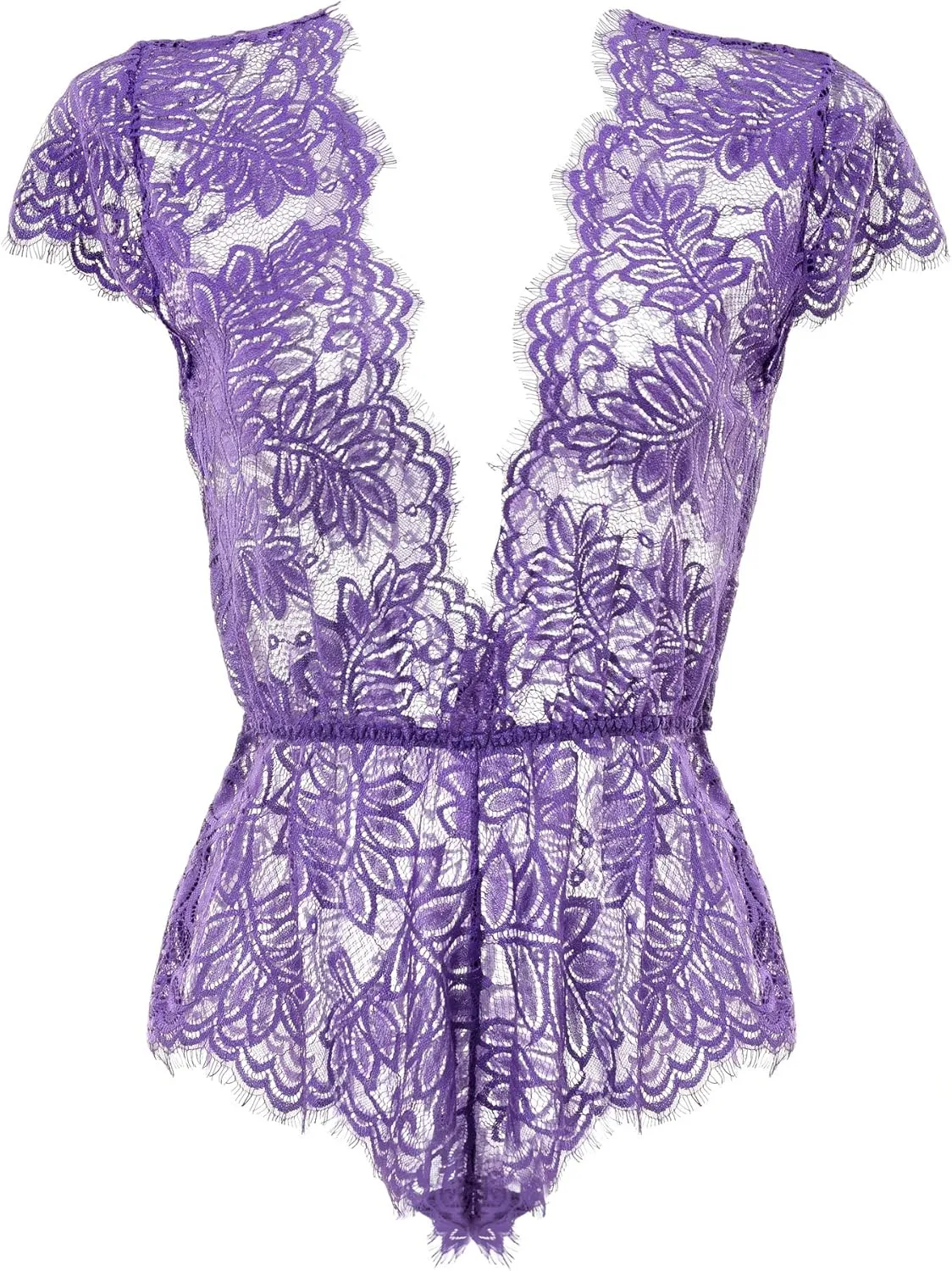 Anyou Womens Lingerie V-Neck Lace Bodysuit Mini Babydoll Featuring Plunging Eyelash Size XS-XXL