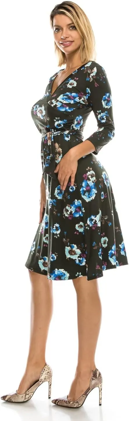 ATELLA Women's Casual Midi Dress  3/4 Sleeve Surplus Wrap Top Floral Print Knee Length Flowy One Piece with Belt Made in USA