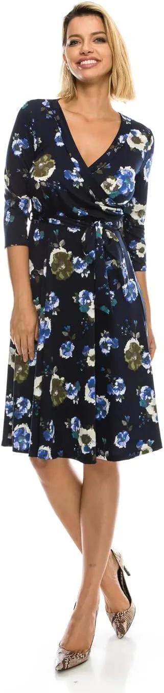 ATELLA Women's Casual Midi Dress  3/4 Sleeve Surplus Wrap Top Floral Print Knee Length Flowy One Piece with Belt Made in USA