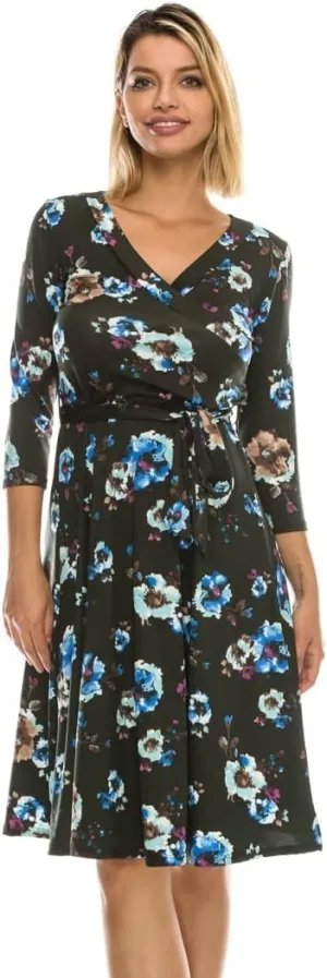 ATELLA Women's Casual Midi Dress  3/4 Sleeve Surplus Wrap Top Floral Print Knee Length Flowy One Piece with Belt Made in USA