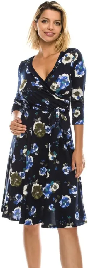 ATELLA Women's Casual Midi Dress  3/4 Sleeve Surplus Wrap Top Floral Print Knee Length Flowy One Piece with Belt Made in USA