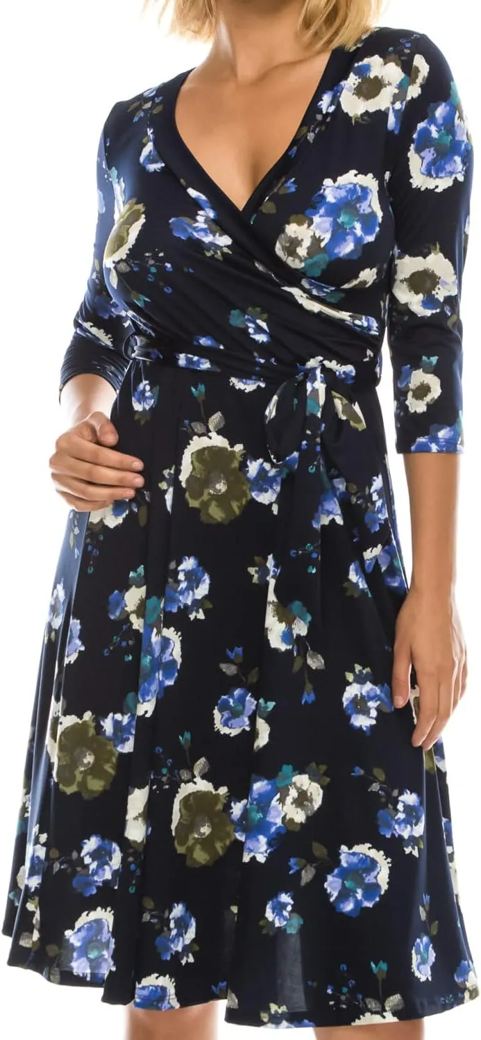 ATELLA Women's Casual Midi Dress  3/4 Sleeve Surplus Wrap Top Floral Print Knee Length Flowy One Piece with Belt Made in USA