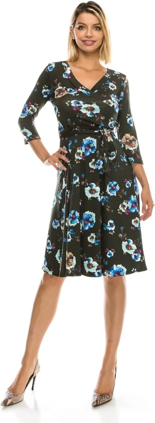 ATELLA Women's Casual Midi Dress  3/4 Sleeve Surplus Wrap Top Floral Print Knee Length Flowy One Piece with Belt Made in USA