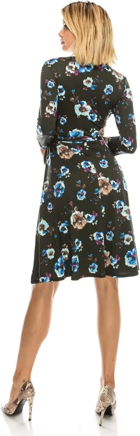 ATELLA Women's Casual Midi Dress  3/4 Sleeve Surplus Wrap Top Floral Print Knee Length Flowy One Piece with Belt Made in USA