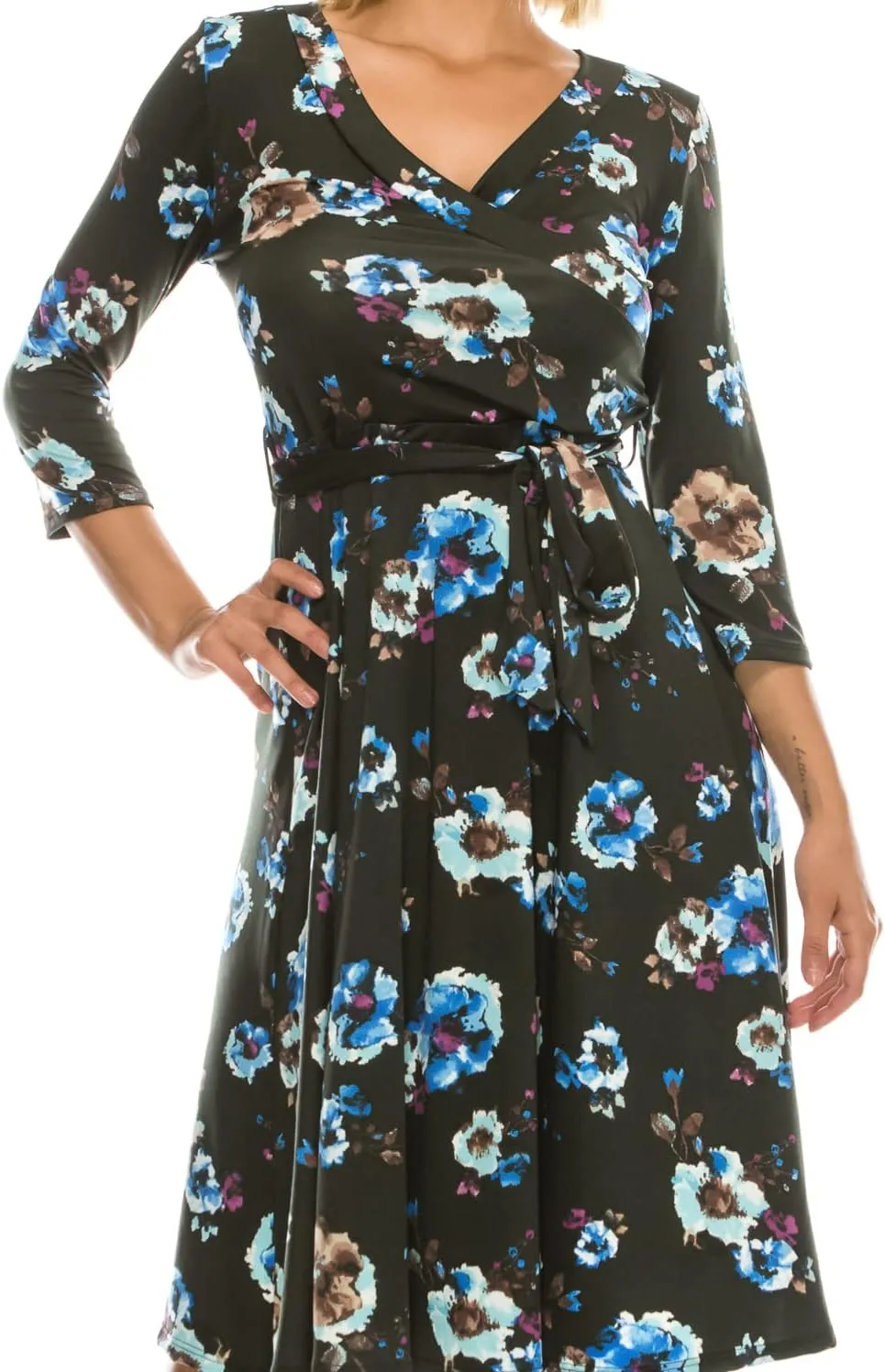 ATELLA Women's Casual Midi Dress  3/4 Sleeve Surplus Wrap Top Floral Print Knee Length Flowy One Piece with Belt Made in USA