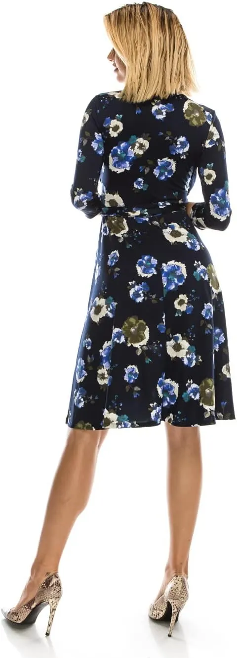 ATELLA Women's Casual Midi Dress  3/4 Sleeve Surplus Wrap Top Floral Print Knee Length Flowy One Piece with Belt Made in USA