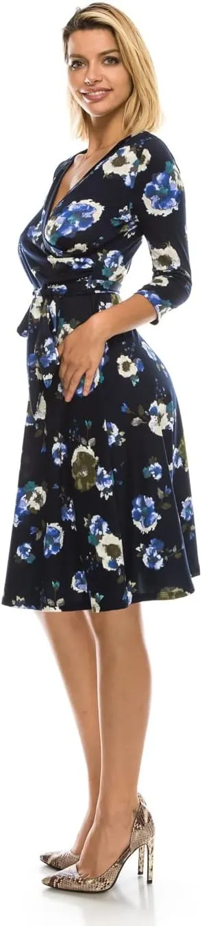 ATELLA Women's Casual Midi Dress  3/4 Sleeve Surplus Wrap Top Floral Print Knee Length Flowy One Piece with Belt Made in USA