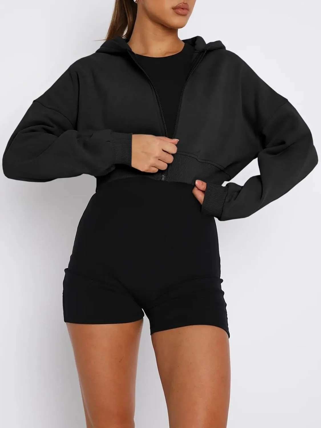 Aurgelmir Women's Cropped Zip Up Hoodie Sweatshirts Long Sleeve Casual Loose Y2K Pullover Tops