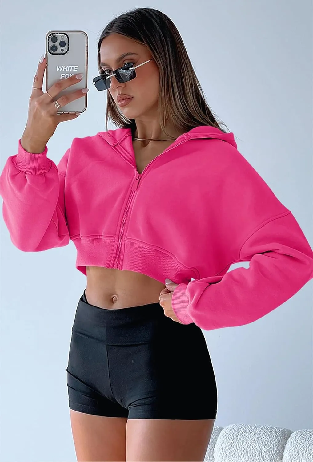 Aurgelmir Women's Cropped Zip Up Hoodie Sweatshirts Long Sleeve Casual Loose Y2K Pullover Tops