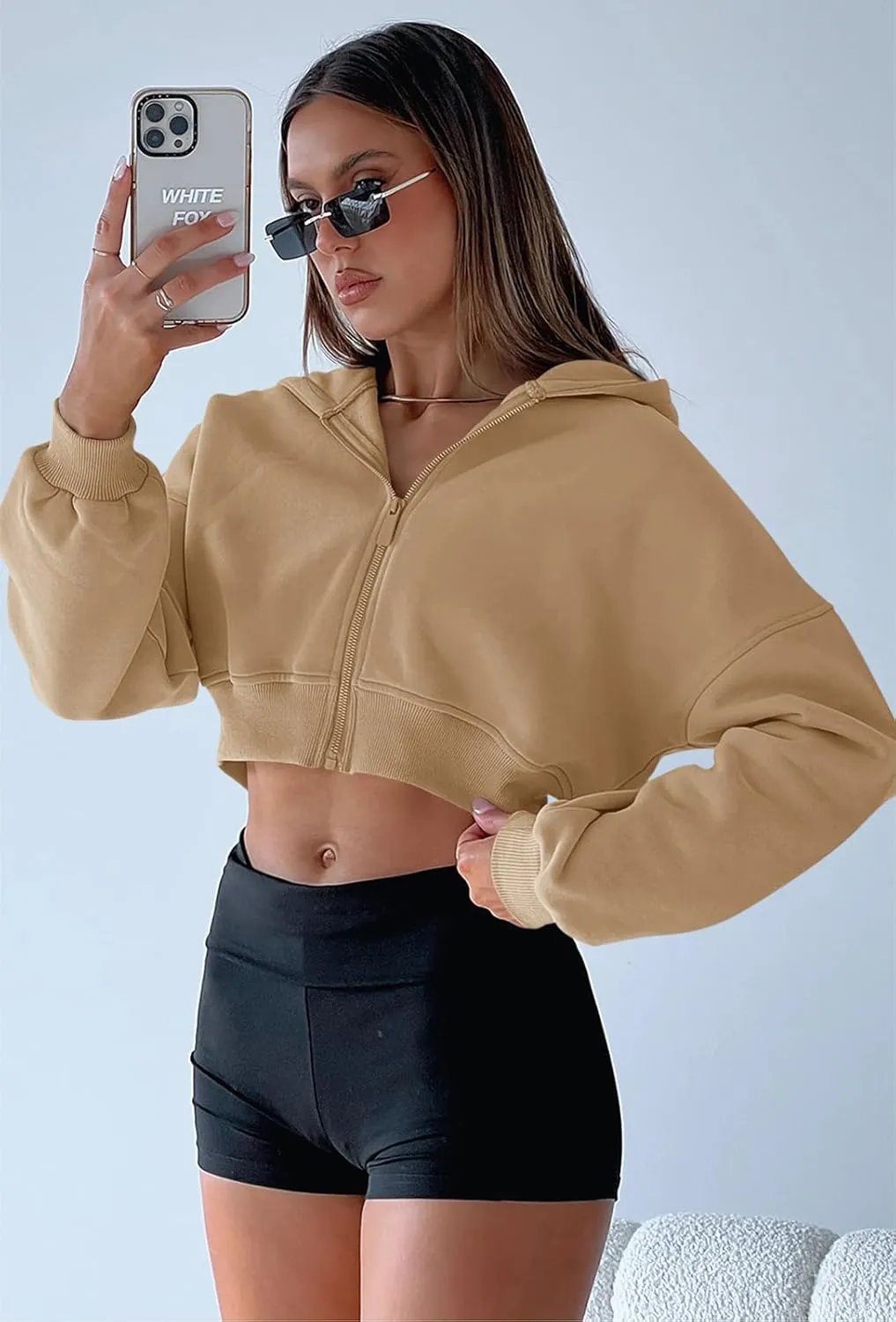 Aurgelmir Women's Cropped Zip Up Hoodie Sweatshirts Long Sleeve Casual Loose Y2K Pullover Tops