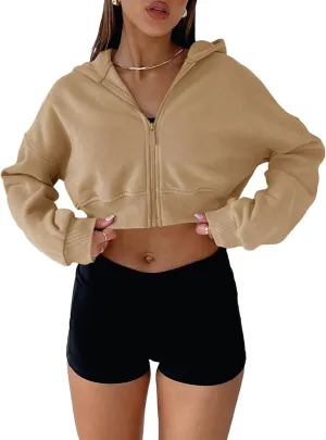 Aurgelmir Women's Cropped Zip Up Hoodie Sweatshirts Long Sleeve Casual Loose Y2K Pullover Tops