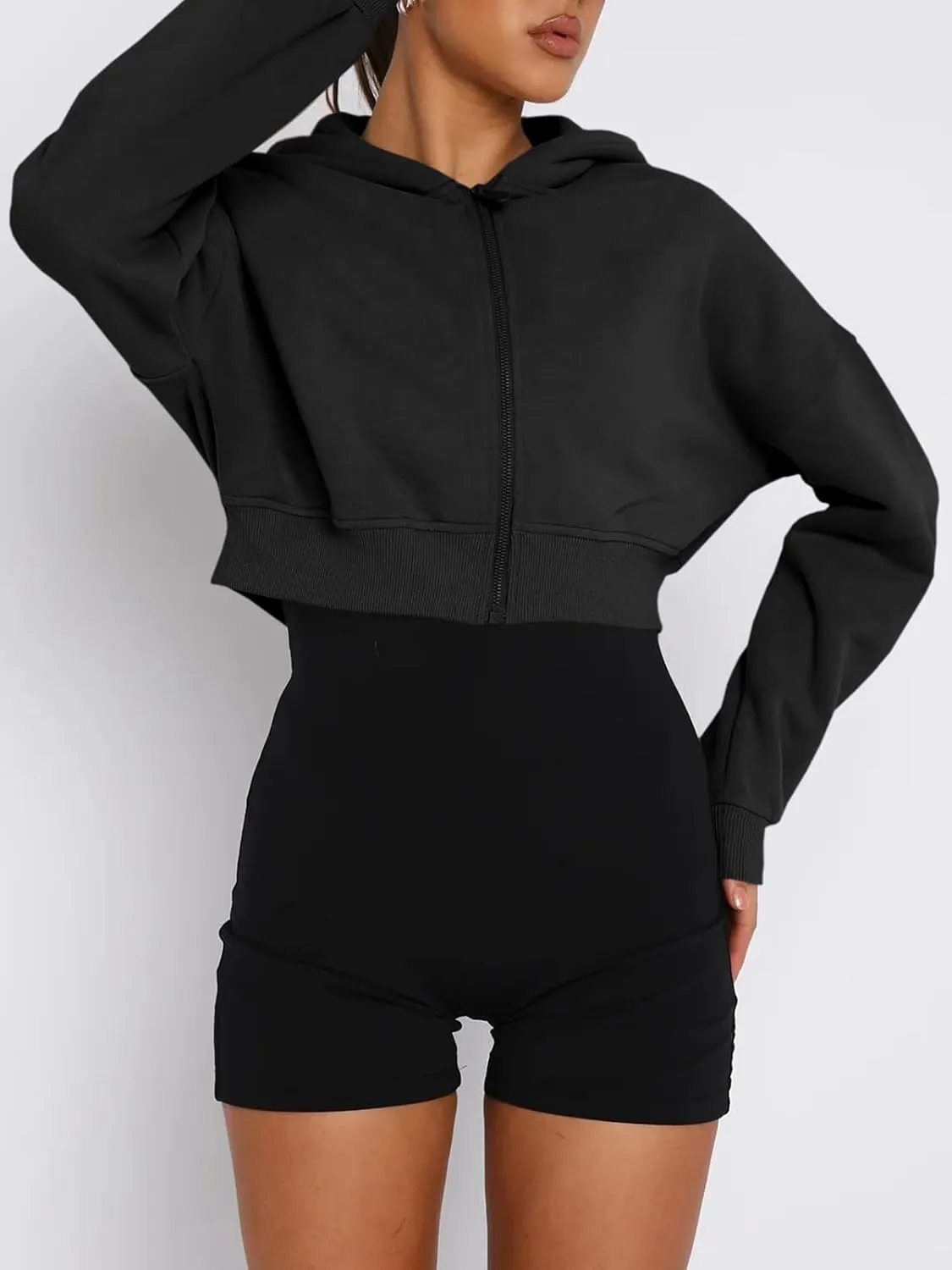 Aurgelmir Women's Cropped Zip Up Hoodie Sweatshirts Long Sleeve Casual Loose Y2K Pullover Tops