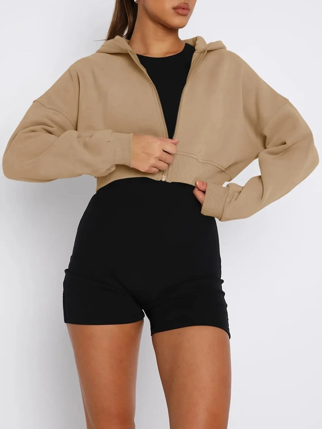 Aurgelmir Women's Cropped Zip Up Hoodie Sweatshirts Long Sleeve Casual Loose Y2K Pullover Tops