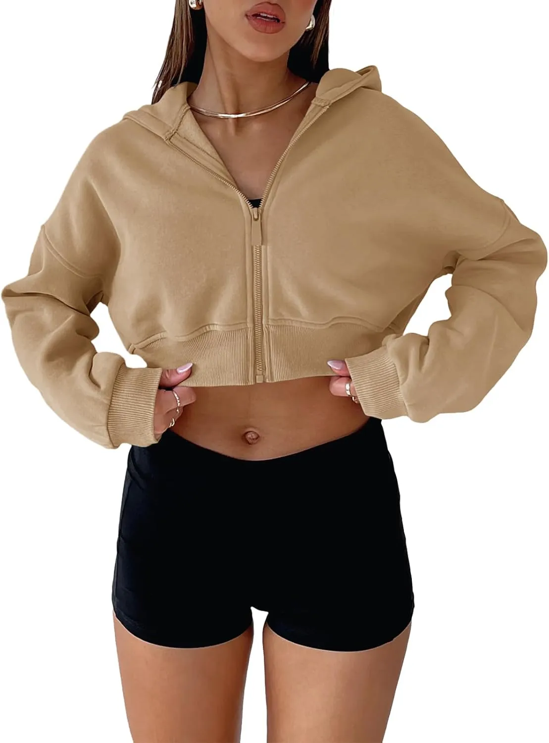 Aurgelmir Women's Cropped Zip Up Hoodie Sweatshirts Long Sleeve Casual Loose Y2K Pullover Tops