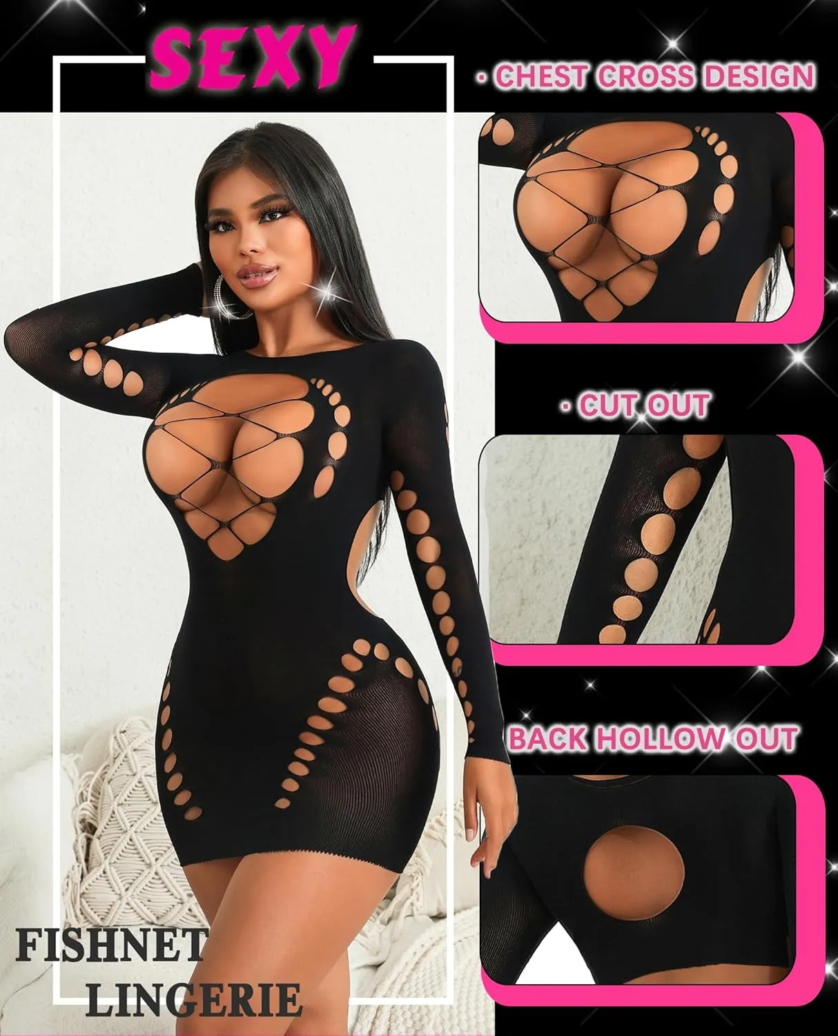 Avidlove Fishnet Lingerie for Women Sexy Long Sleeve Mesh Badydoll Chemise Lingeries Dress Hollow Out Outfits