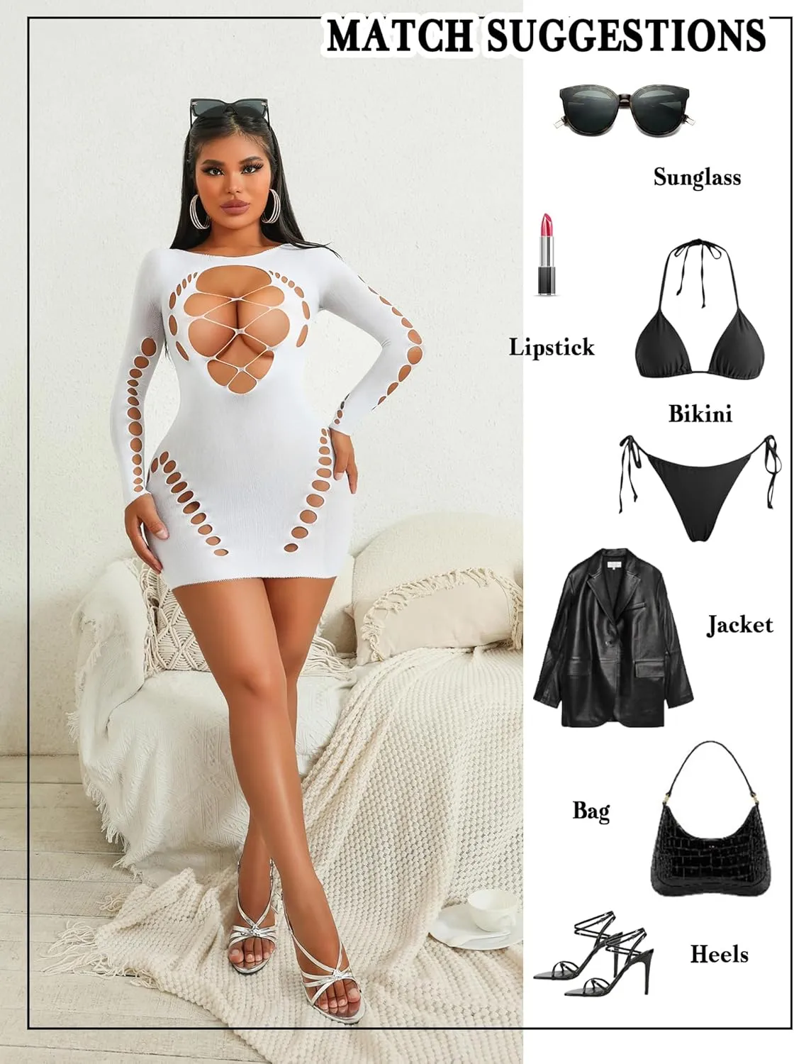 Avidlove Fishnet Lingerie for Women Sexy Long Sleeve Mesh Badydoll Chemise Lingeries Dress Hollow Out Outfits