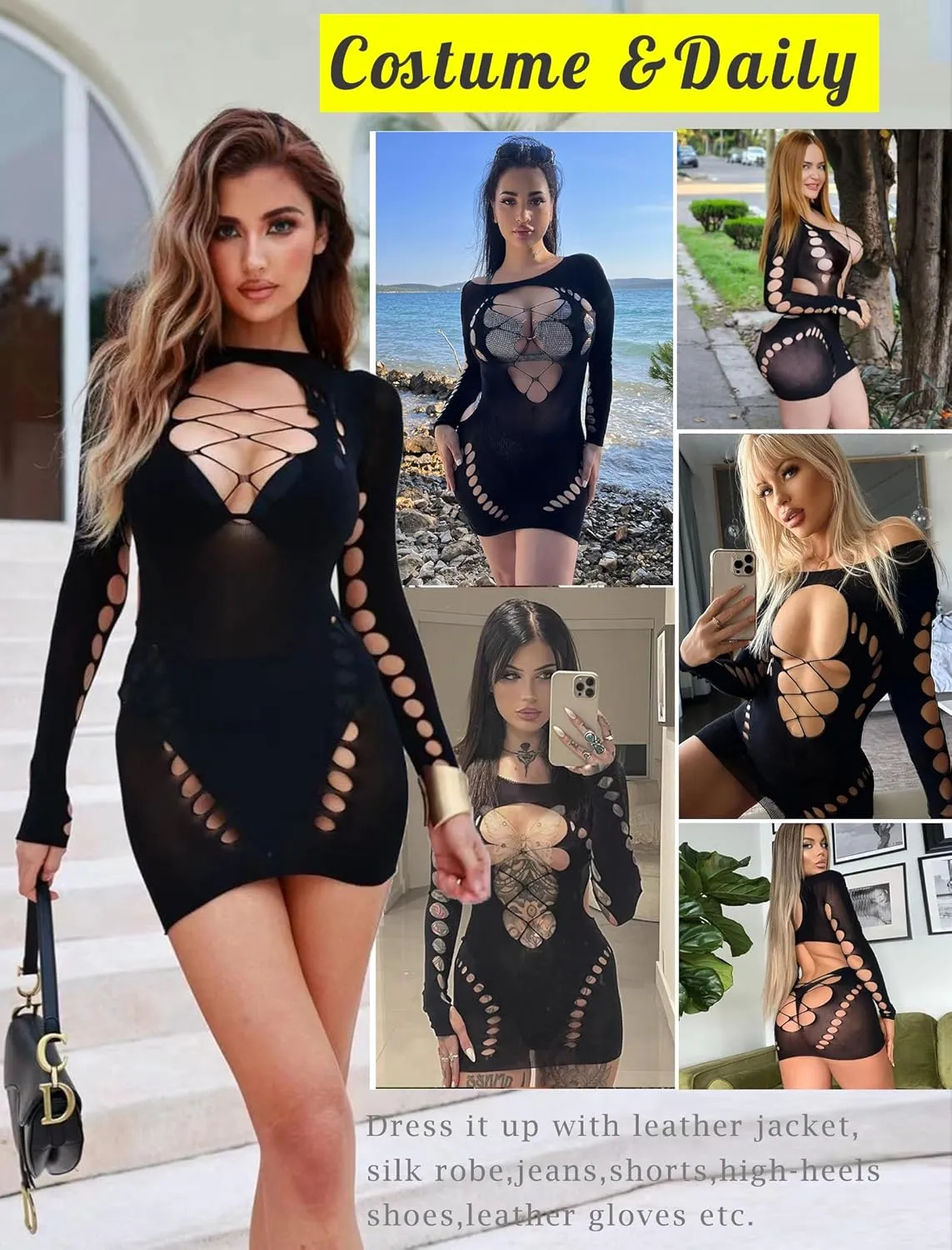 Avidlove Fishnet Lingerie for Women Sexy Long Sleeve Mesh Badydoll Chemise Lingeries Dress Hollow Out Outfits