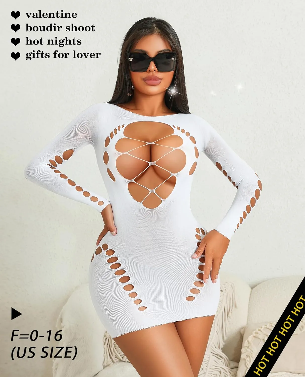 Avidlove Fishnet Lingerie for Women Sexy Long Sleeve Mesh Badydoll Chemise Lingeries Dress Hollow Out Outfits