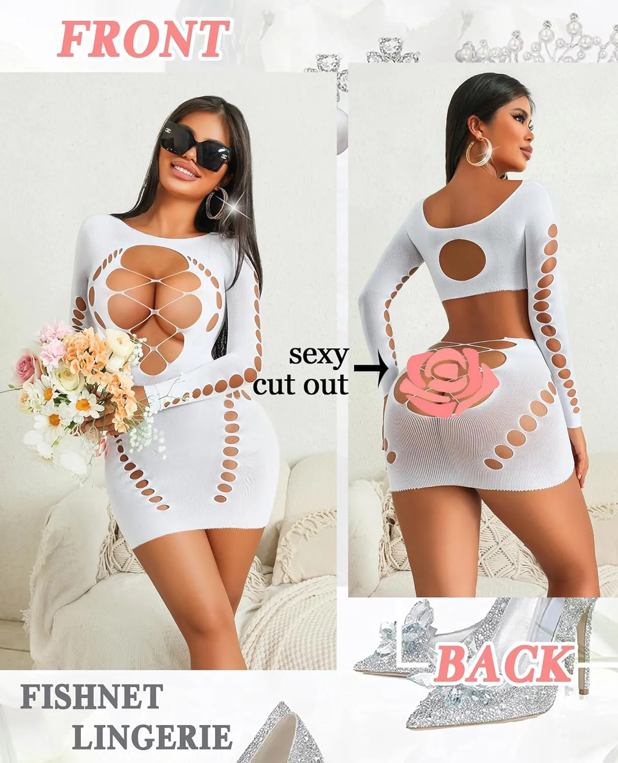 Avidlove Fishnet Lingerie for Women Sexy Long Sleeve Mesh Badydoll Chemise Lingeries Dress Hollow Out Outfits