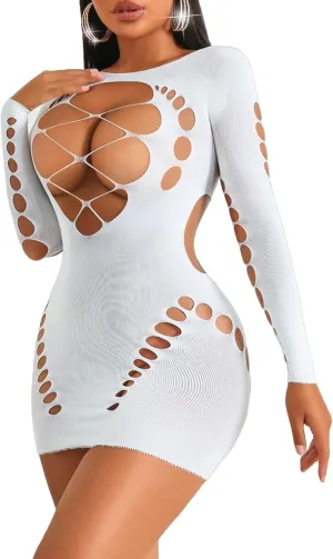 Avidlove Fishnet Lingerie for Women Sexy Long Sleeve Mesh Badydoll Chemise Lingeries Dress Hollow Out Outfits