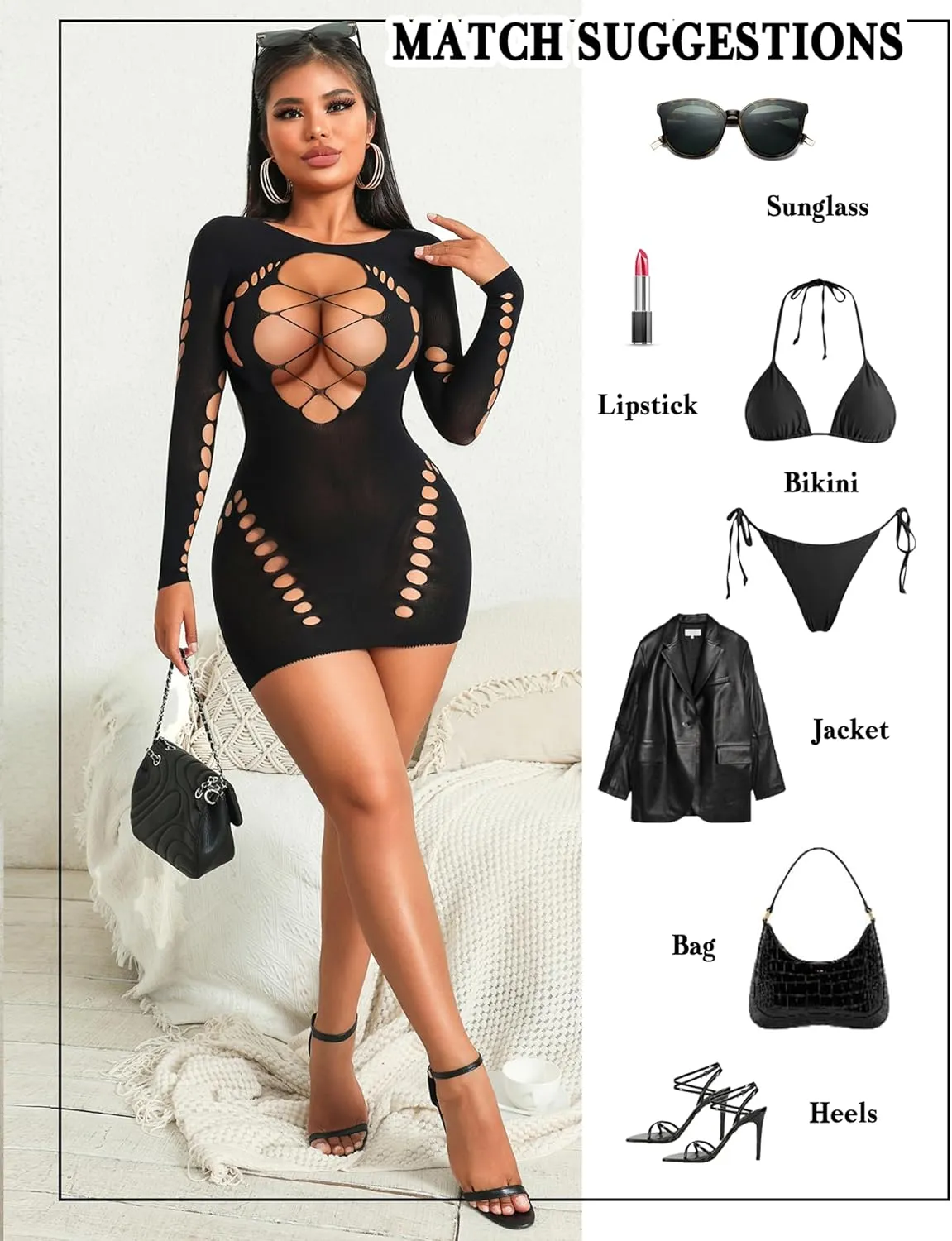 Avidlove Fishnet Lingerie for Women Sexy Long Sleeve Mesh Badydoll Chemise Lingeries Dress Hollow Out Outfits
