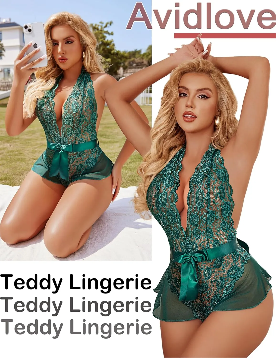 Avidlove Lingerie for Women Lace Teddy Bodysuit Halter V Neck One Piece Lingerie Nightgown XS-XXXL