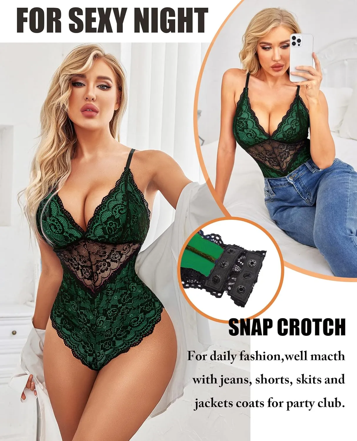 Avidlove Lingerie for Women One Piece Snap Crotch Teddy Bodysuit Contrast Lace Mini Babydoll