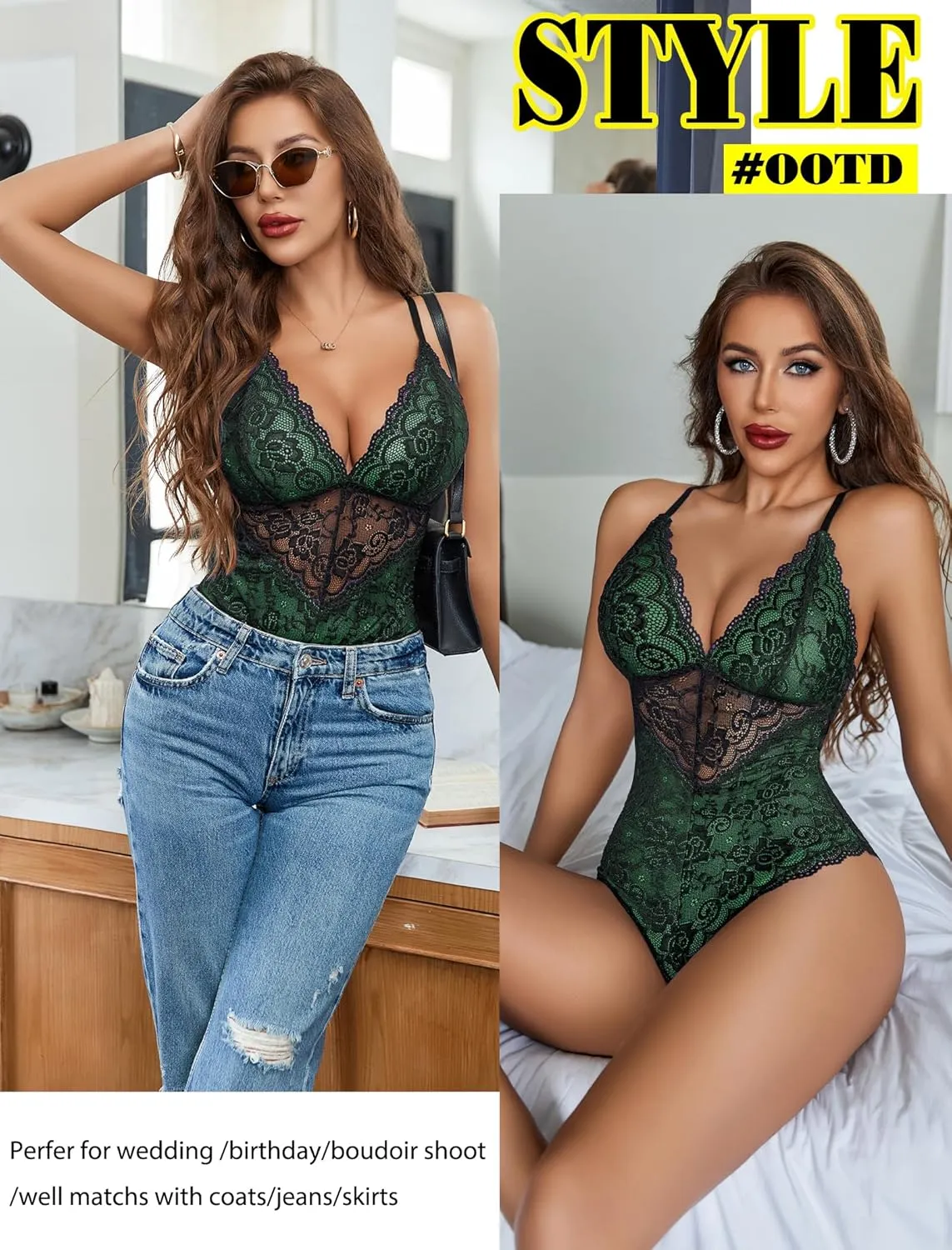 Avidlove Lingerie for Women One Piece Snap Crotch Teddy Bodysuit Contrast Lace Mini Babydoll