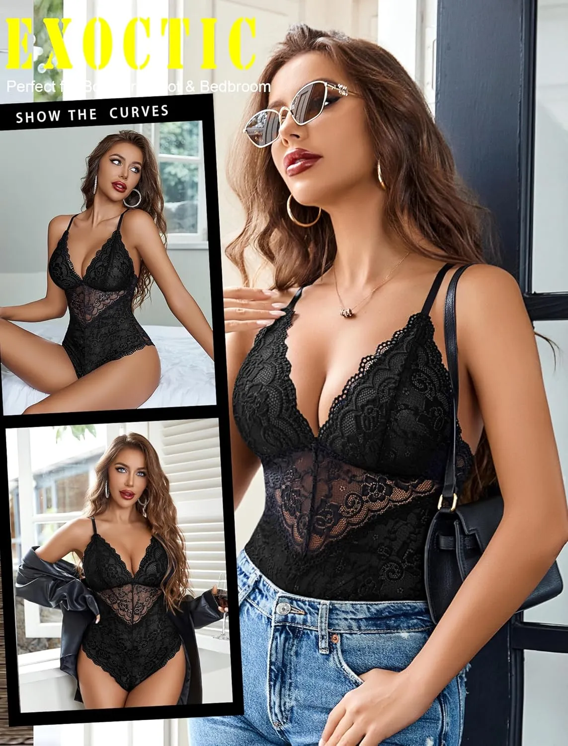 Avidlove Lingerie for Women One Piece Snap Crotch Teddy Bodysuit Contrast Lace Mini Babydoll